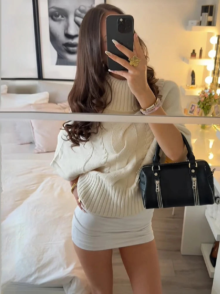 Women High Neck Round Neck Knitted Sweater Short Bat Sleeves Short Seven Quarter Sleeves Loose Oversized Pullover Knitted Top