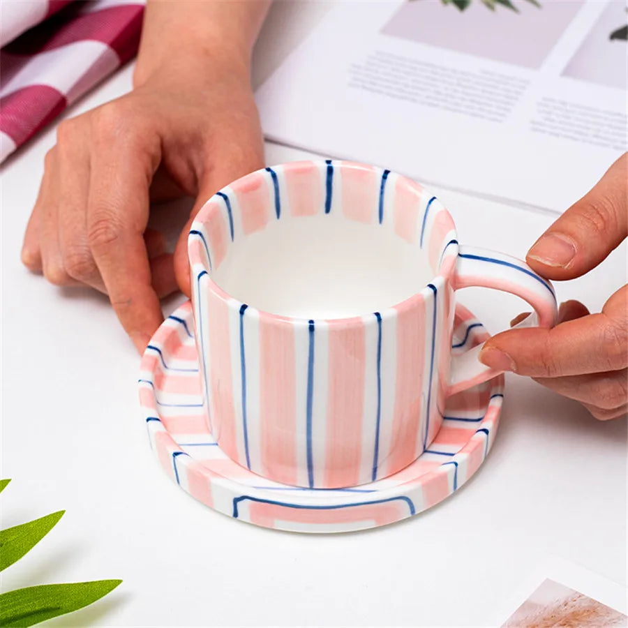 280ml/9.5oz afternoon tea coffee cup, Minimalist striped hand drawn cup and plate set, ceramic milk coffee cup, household drinki