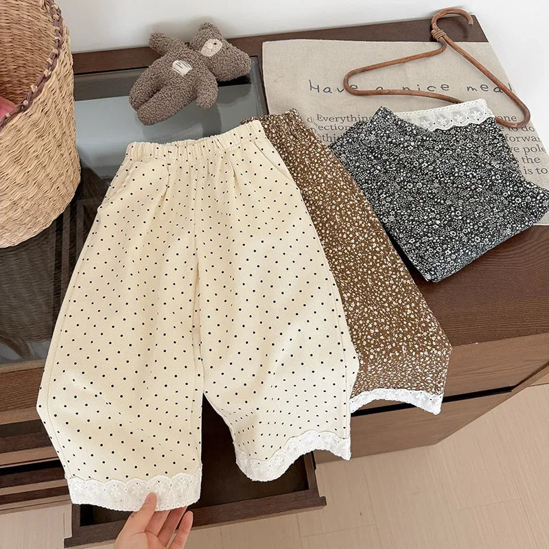 Korean Style Baby Girls Polka Dot Wide Leg Pants Lace Hem Loose Trousers Toddler Kids Elastic Waist Casual Fashion Pants