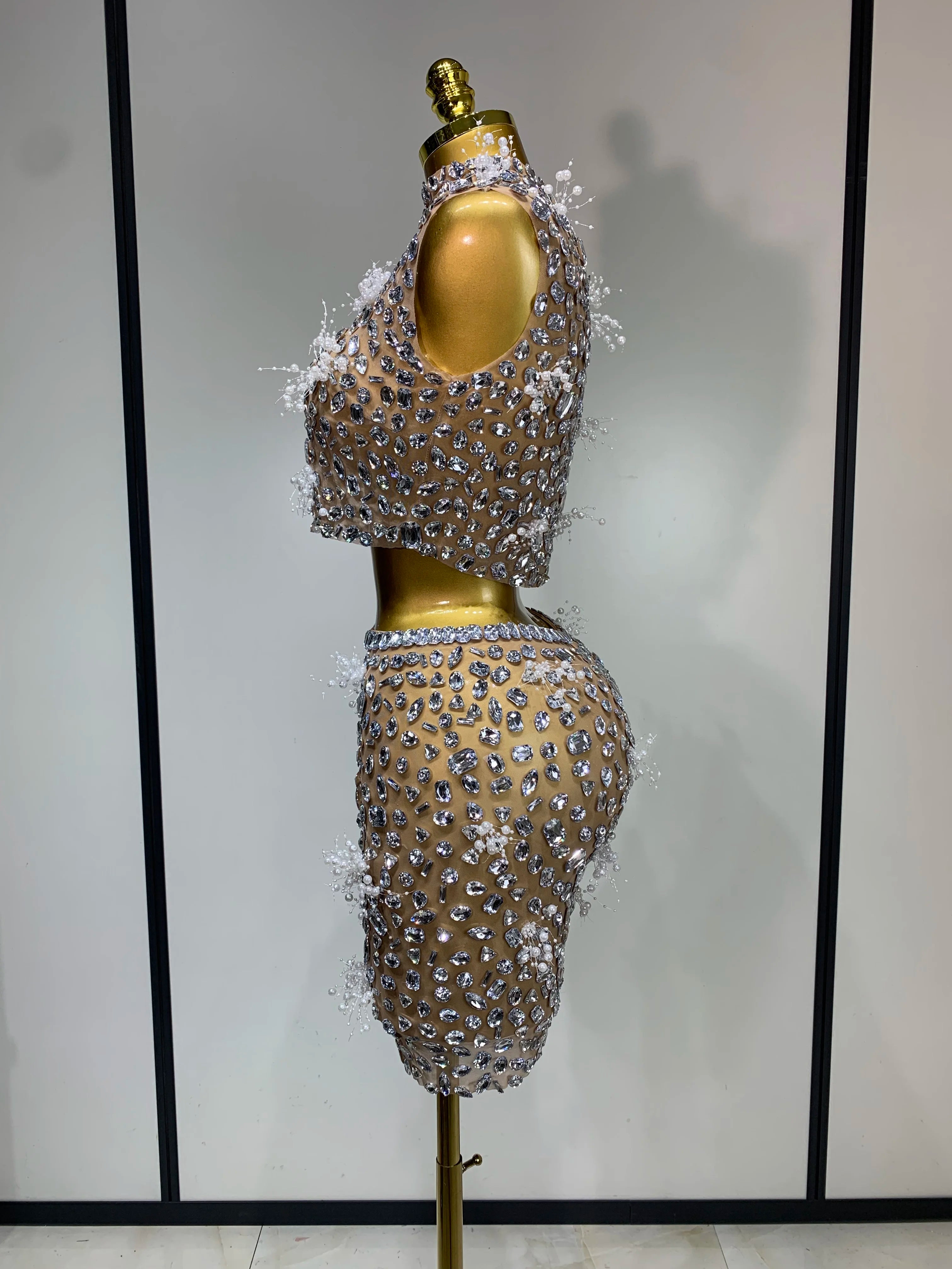 High Quality Sparkling Rhinestone Sexy See Through Blackless Top Skirt Two Pieces Set Woman Luxury Birthday Evening Party Gowns