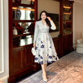Big Size Spring Summer Jacquard Dress Occasion V-Neck Brocade Dress Women Long Sleeve Party Evening Clothing Mid-Calf Ball Gown