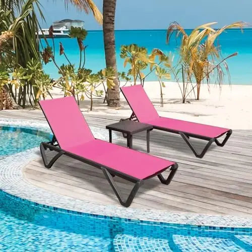 ！@！@3pcs Adjustable Aluminum Outdoor Sun Loungers Blue Textilene Side Table All Weather Leisure Deck Lawn Poolside Backyard Lake