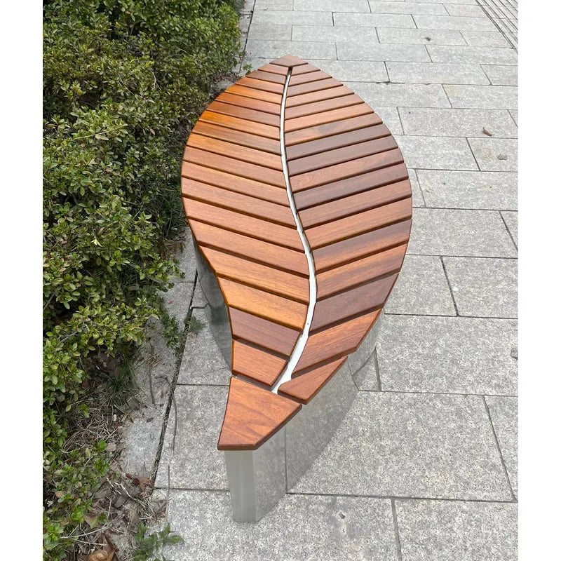 Thermal Designer Wooden Bench with Stainless Steel Frame Dual-Purpose Indoor Outdoor Seating Leaf-Shaped Wooden Slat Seat