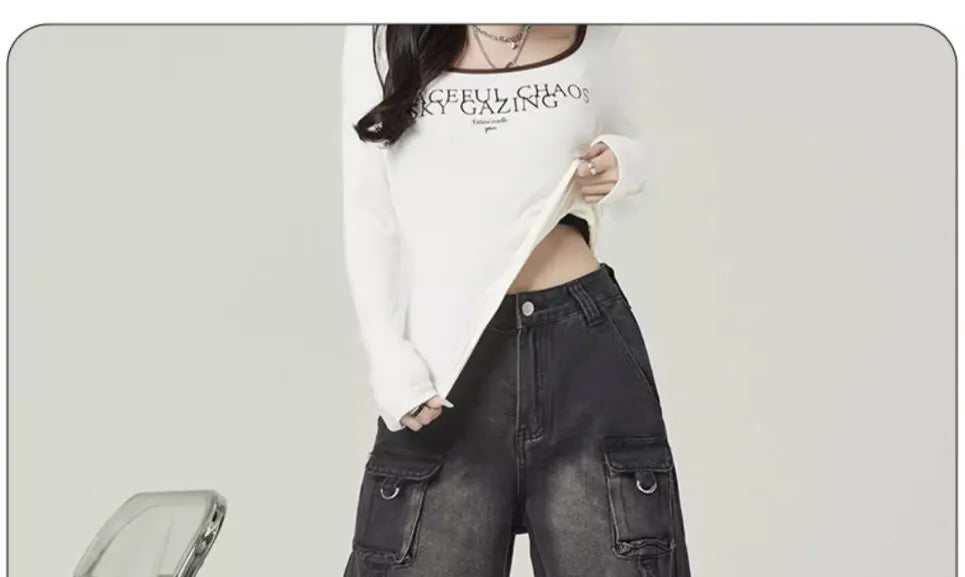 Black Gray Multi Pocket Cargo Jeans Women's Y2K Gothic Baggy Harajuku Oversize Denim Trousers Washed Straight Leg Wide Leg Pants