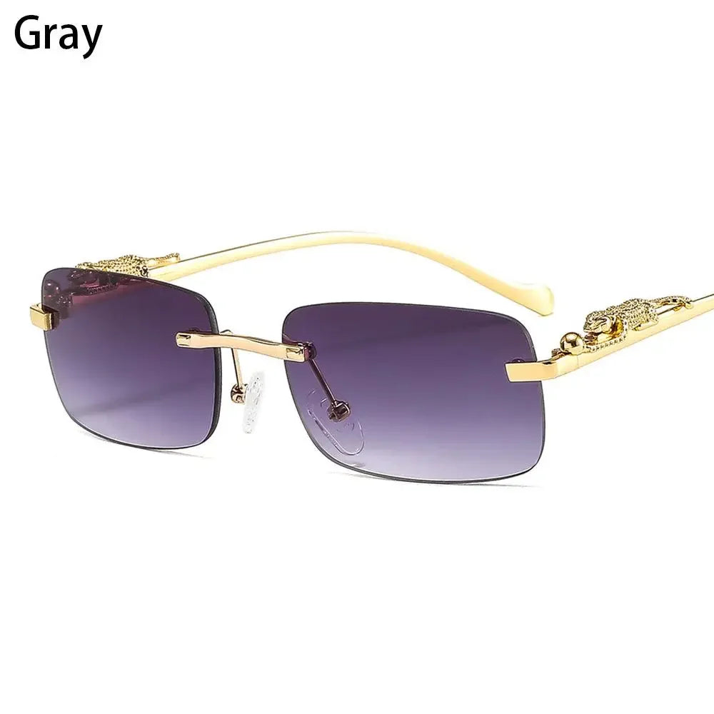Unisex Luxury Rimless Square Sunglasses - Brand Designer Leopard Head Metal Shade Eyewear Travel Driving