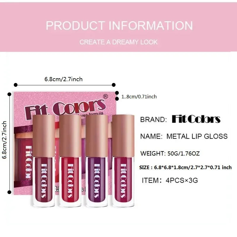 Fit Colors 4-Piece Velvet Lip Gloss Set - Non-Transfer Matte Diamond Finish Long-Lasting Waterproof Lip Gloss Collection