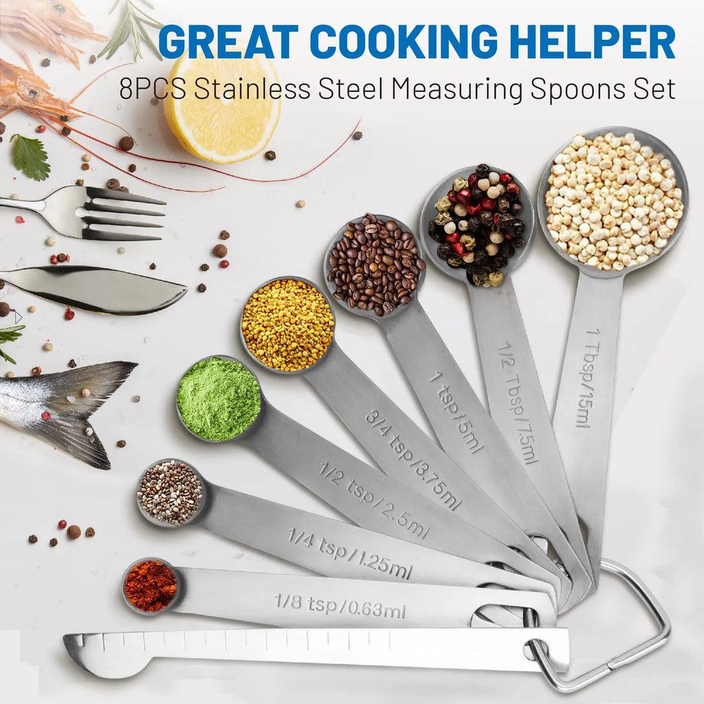 Stainless Steel Measuring Spoons Set of 8,Metal Teaspoon & Tablespoon Heavy Duty Engraved Kitchen Gadgets for Baking Cooking