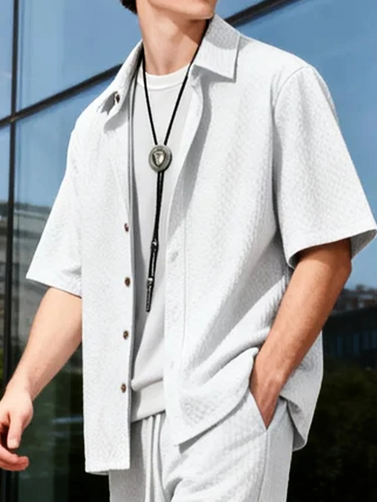 Men's Beach Casual Wear: Bubble Fabric Shirt Set, Loose Fit, Turn-down Collar, Buttoned Cardigan, Men's Cotton Summer Daily Apparel