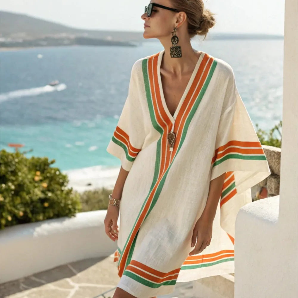 Fashion Retro Printed Short-sleeved Loose Women's Dress New Summer Style Deep V Neck Casual Seaside Vacation Female Dresses 2025