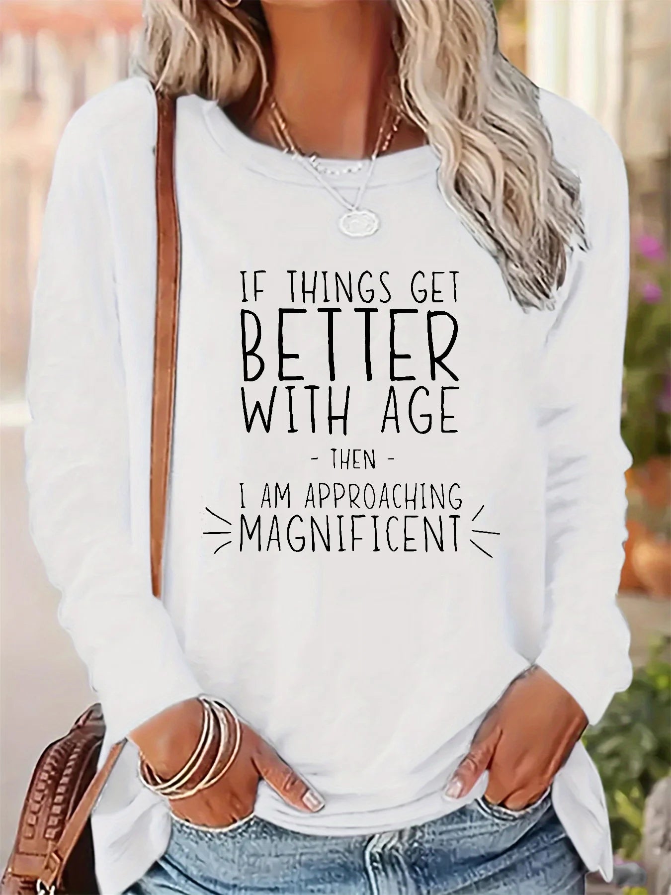 Women's Spring and Autumn 100% pure cotton fashionable casual loose inspirational quotes printed round neck long sleeved T-shirt