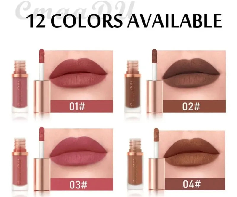 12 Colors Matte Velvet Lip Glaze Waterproof Liquid Lipstick Nude Brown Moisturizing Long Lasting Non-stick Cup Lip Gloss Makeup