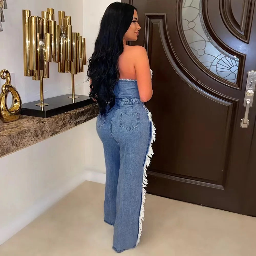 Tassel Hollow Out Overalls For Women Studded Diamond Strapless Backless Jeans Street Fashion Trend Jumpsuite Femme