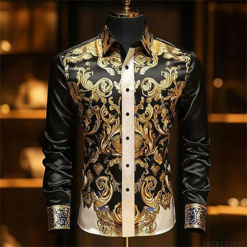 Luxury 3D Printed Long-Sleeve Men's Shirt, Baroque Gold Pattern Slim Fit Dress Shirt, Business Banquet Men's Shirt, Sizes XS-6XL