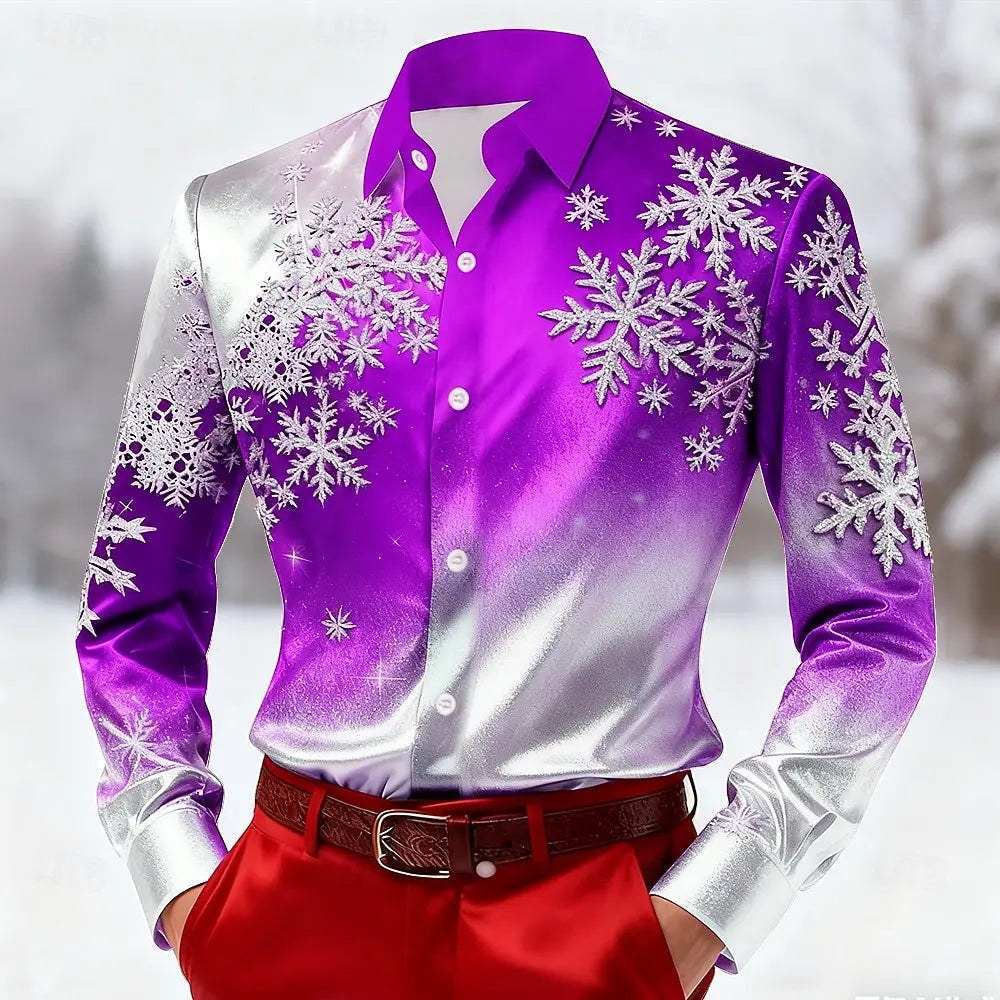 2025 Christmas Men's Snowflake Gradient Color Shirt  Dress Shirt Long Sleeve Fashion Casual Outdoor Holiday Spring Fall