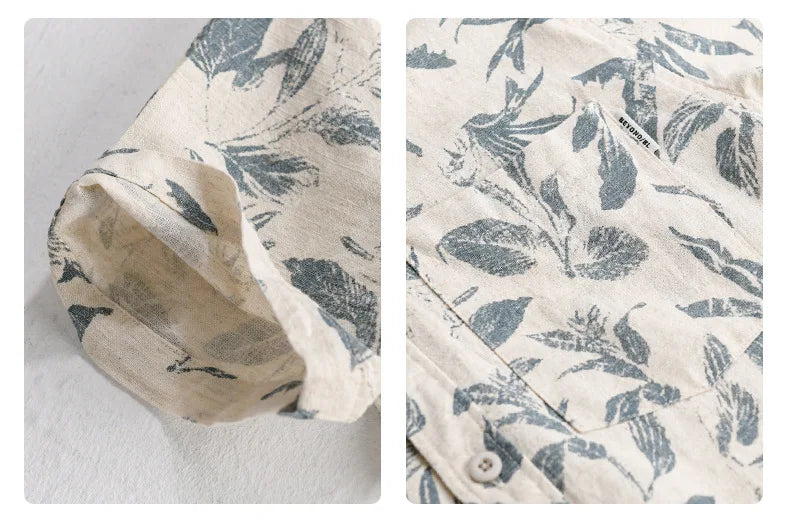 Summer New Printed Breathable Linen Cotton Short Sleeve Shirt for Men Clothing Casual Turn-down Collar Summer Shirt FY736