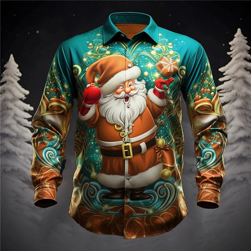 Christmas Fireworks: Santa Print Men's Long Sleeve Shirt, Men's Fashionable Party Christmas Shirt, Four Seasons Casual Men's Shi