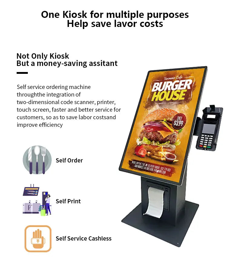 Desktop vertical 15.6 21.5 touchscreen POS end point self checkout kiosk with printer QR code scanner