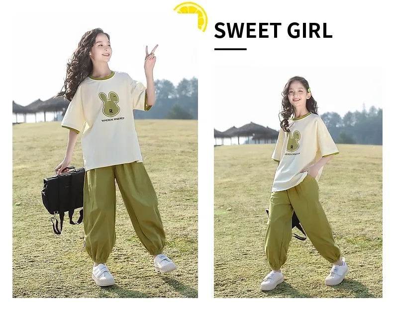 5 6 8 10 12 14 Years Summer Girls Clothing Sets Cute Rabbit Tops + Pants 2Pcs Outfits Kids Tracksuit Teenagers New Kids Clothes