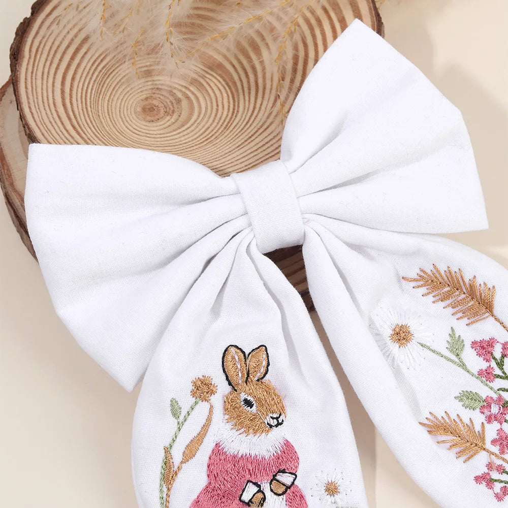 Rabbit Embroidery White Bow Hair Clip Sweet Girls Bunny Bowknot Hairpin Handmade Fabric Kids Cute Headdress Headwear Accessories