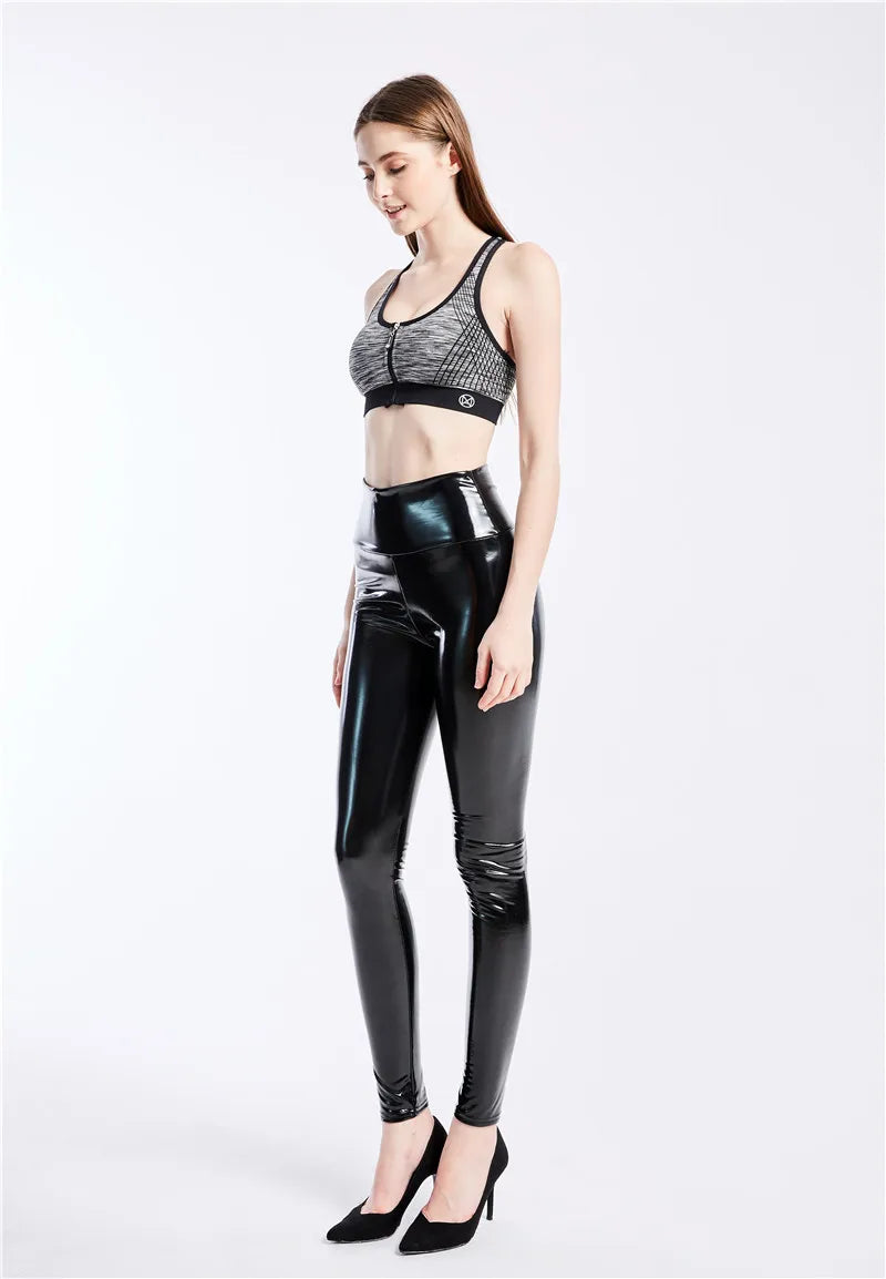 Shiny Push Up Leggings Black Summer PU Leather Pants Women High Waist Elastic Trousers Stretch Ankle-Length