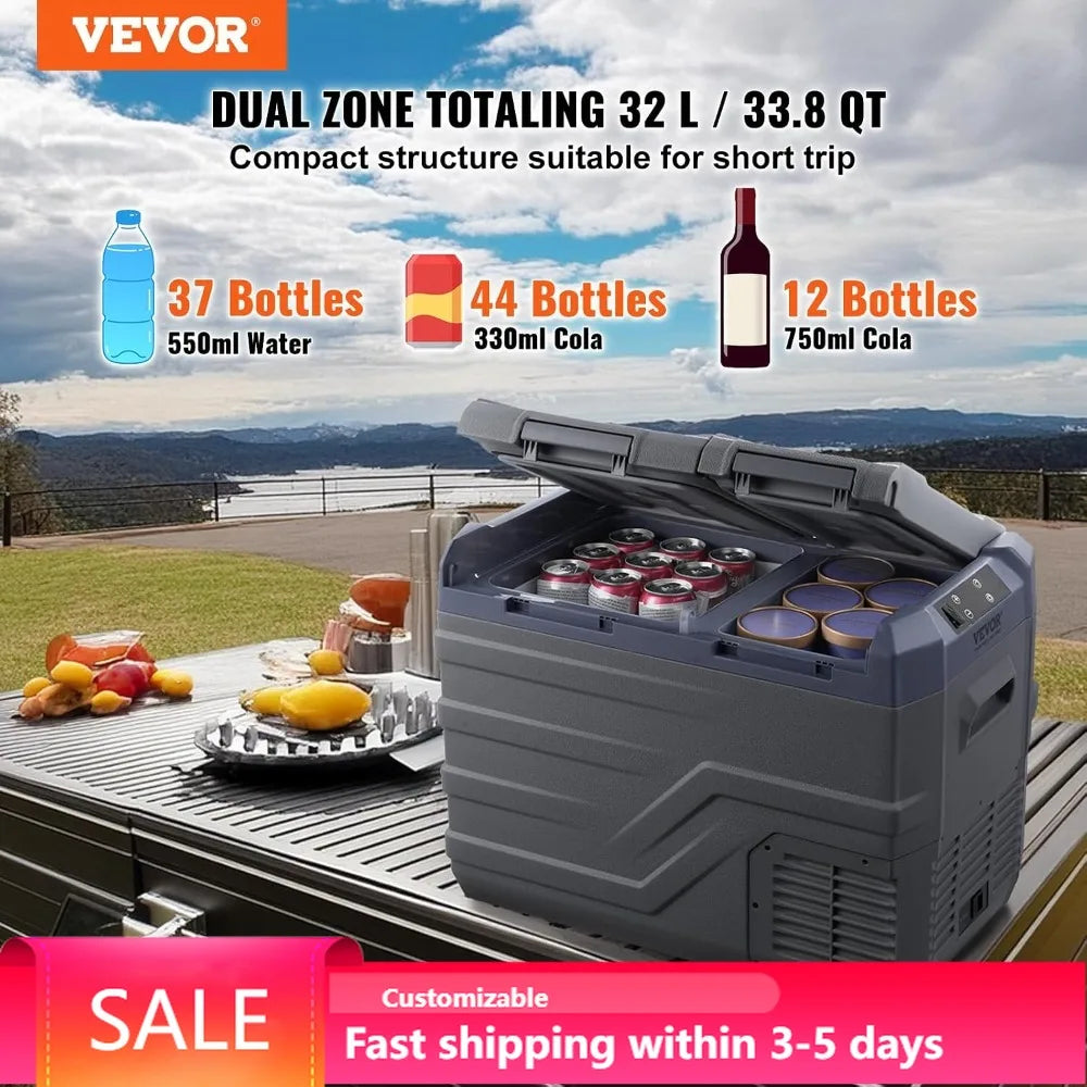32L Dual Zone Car Refrigerator, Portable Freezer -20~20℃, 12/24V DC & 100-240V AC Compressor Cooler for Camping RV