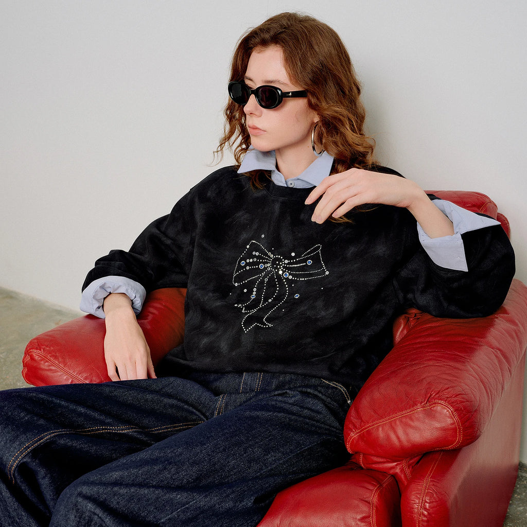 TOYOUTH Women Batik Cotton Sweatshirts 2026 Spring New Bow Rhinestone Crew Neck Loose Black Tops