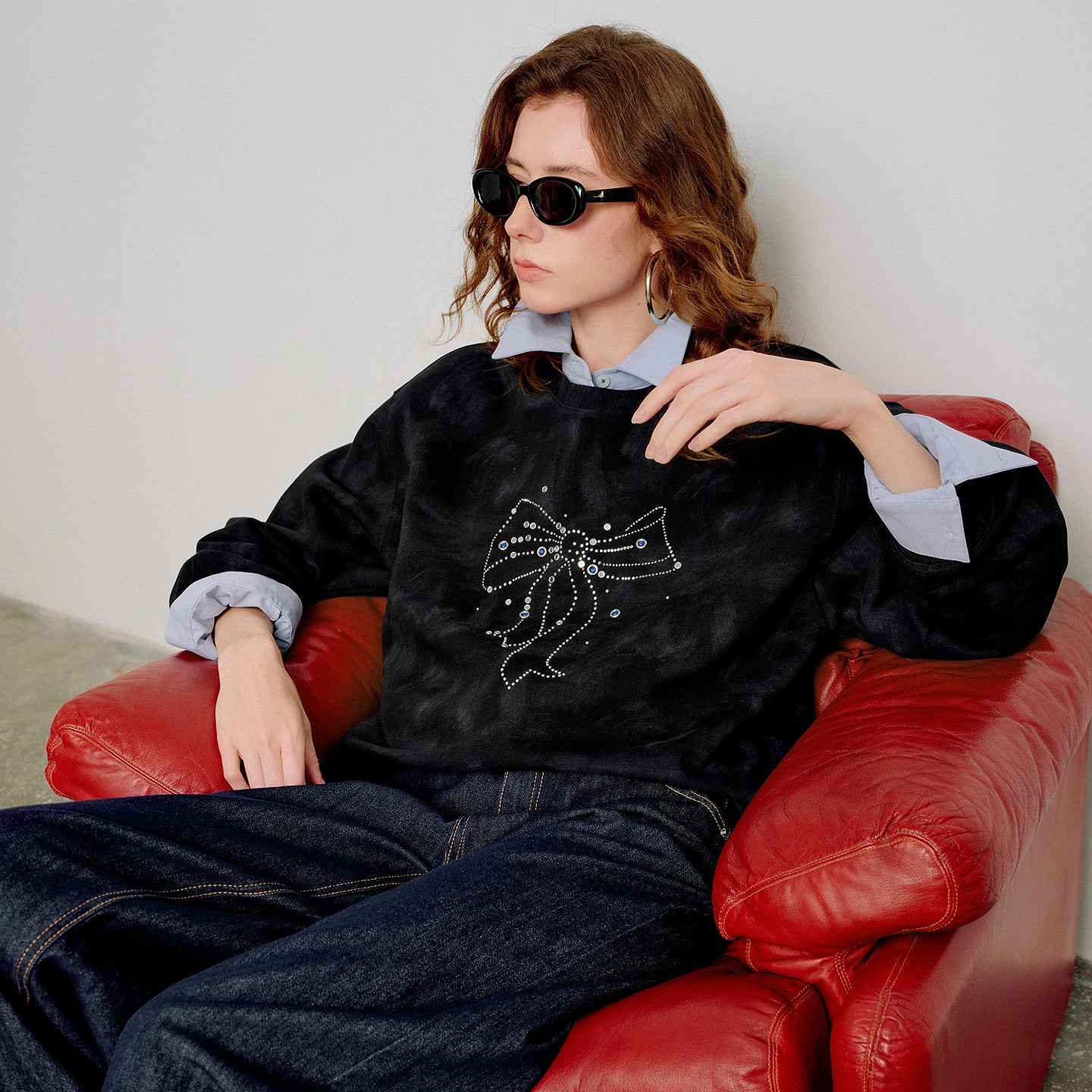 TOYOUTH Women Batik Cotton Sweatshirts 2026 Spring New Bow Rhinestone Crew Neck Loose Black Tops