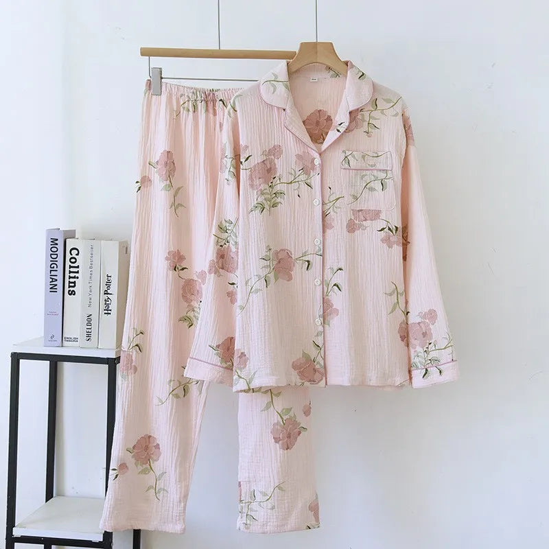 New large size pajamas women cotton crepe home service cotton long sleeve trousers suit simple and comfortable summer and autumn