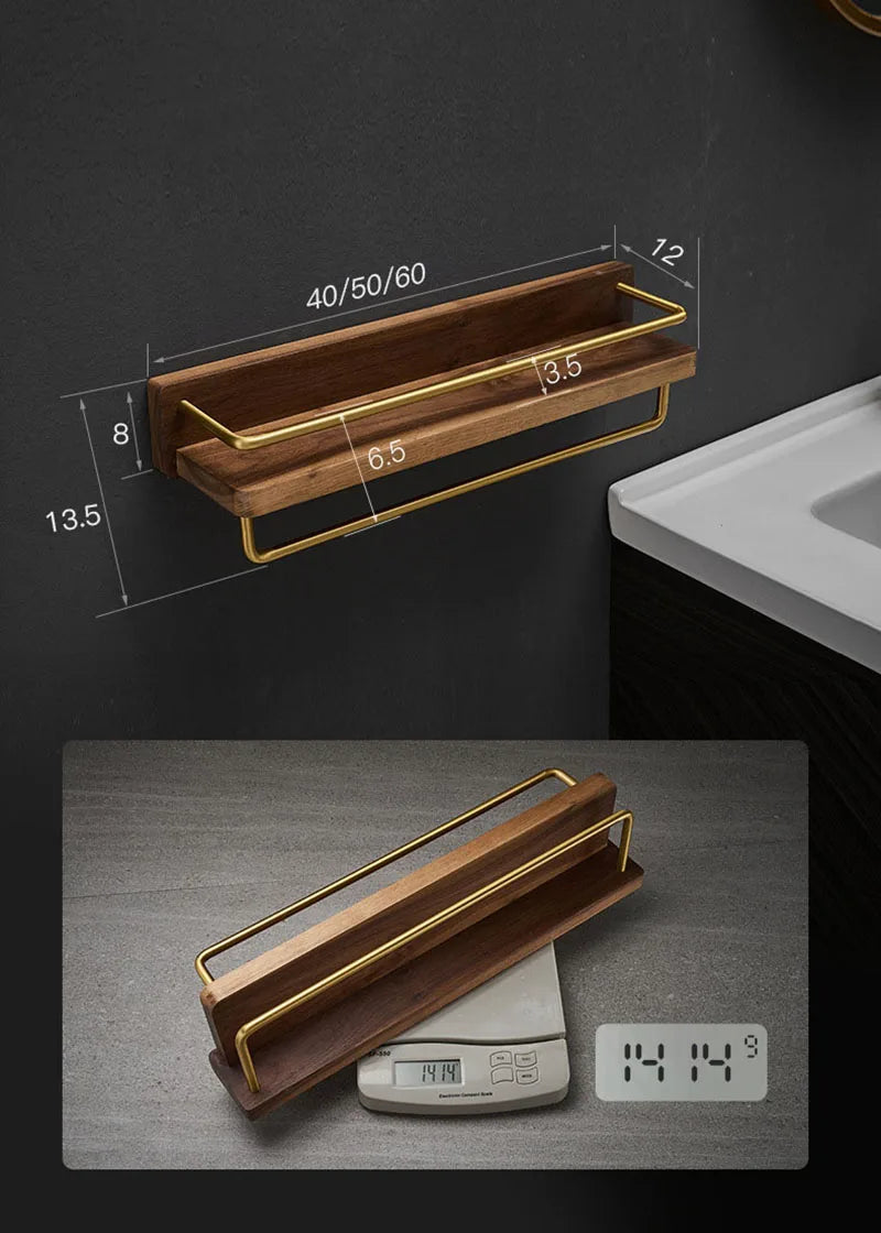 Brushed Gold Solid Wood Bathroom Shelf Wall Mounted Bathroom Storage Rack Towel Rack Bath Shower Shelf Bathroom Shelves