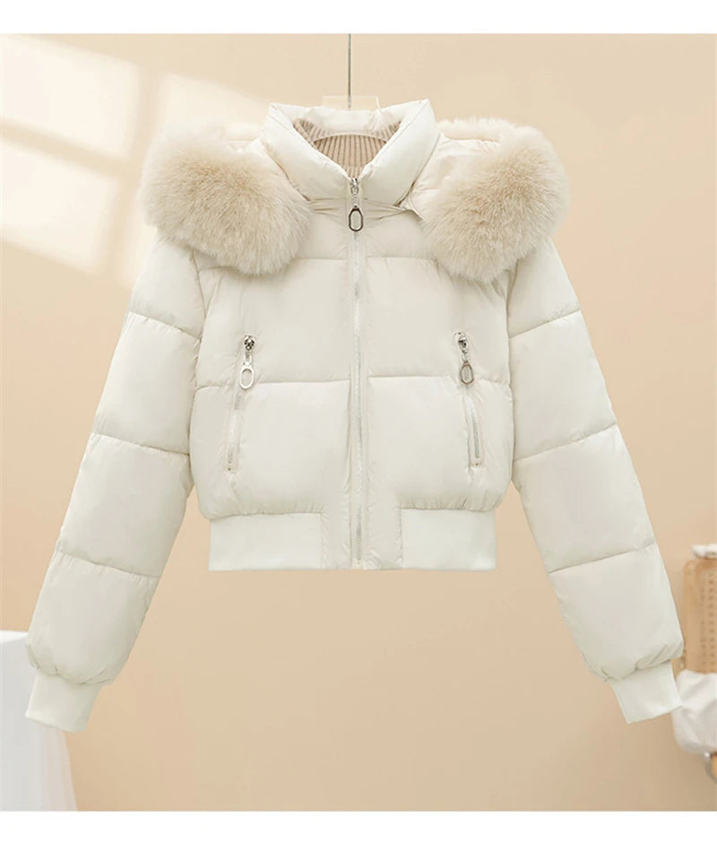 Short Cotton Jackets Long Sleeve Loose Hooded Short Women's Parka Coats Big Fur Collar Winter Down Cotton Padded Coats 2025 New