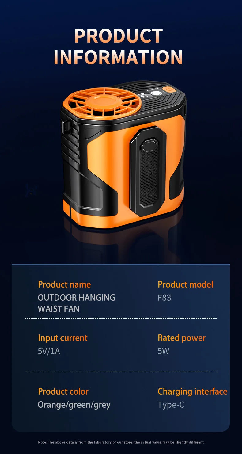 Portable Waist-mount Fan High-speed Cooling Rechargeable Mini Hanging Neck Fan for Outdoor, Construction Site and Food Delivery