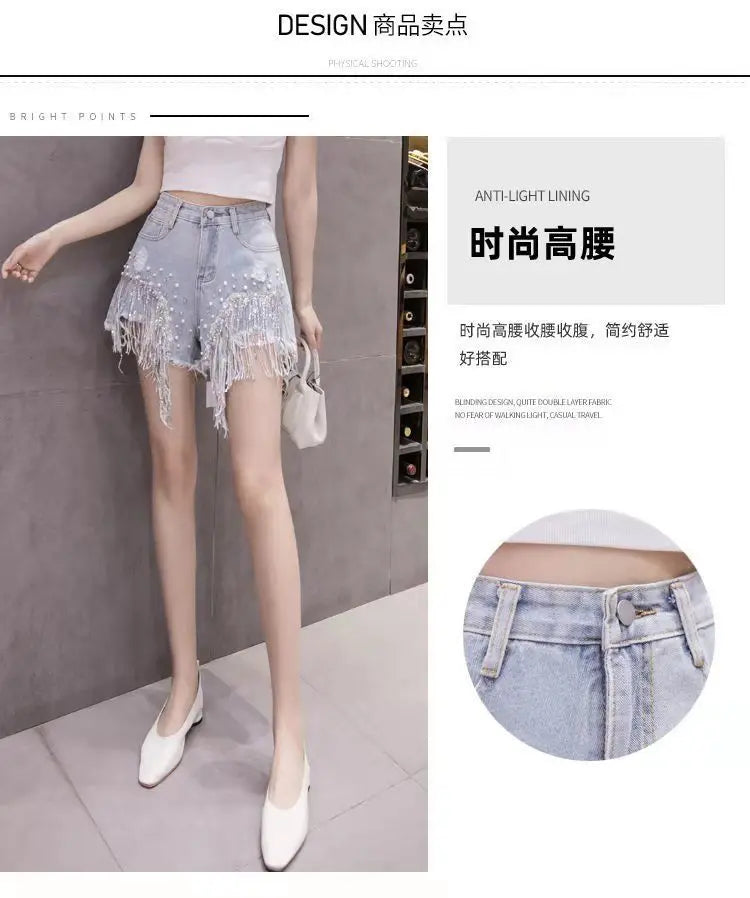 Summer New Style Personalized Denim Shorts for Women Internet Celebrity High Waist Diamond Sequins