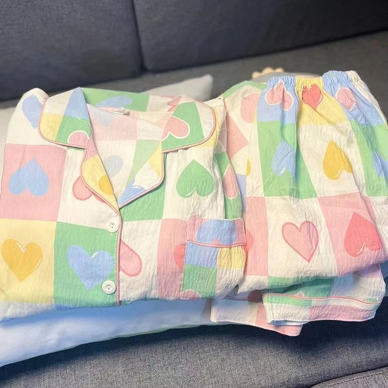 Y2K Colourful Love Plaid Print Women's Pajamas Harajuku Style Sweet Cute Sleepwear Women's New Spring Kawaii 2 Piece Pajamas Set