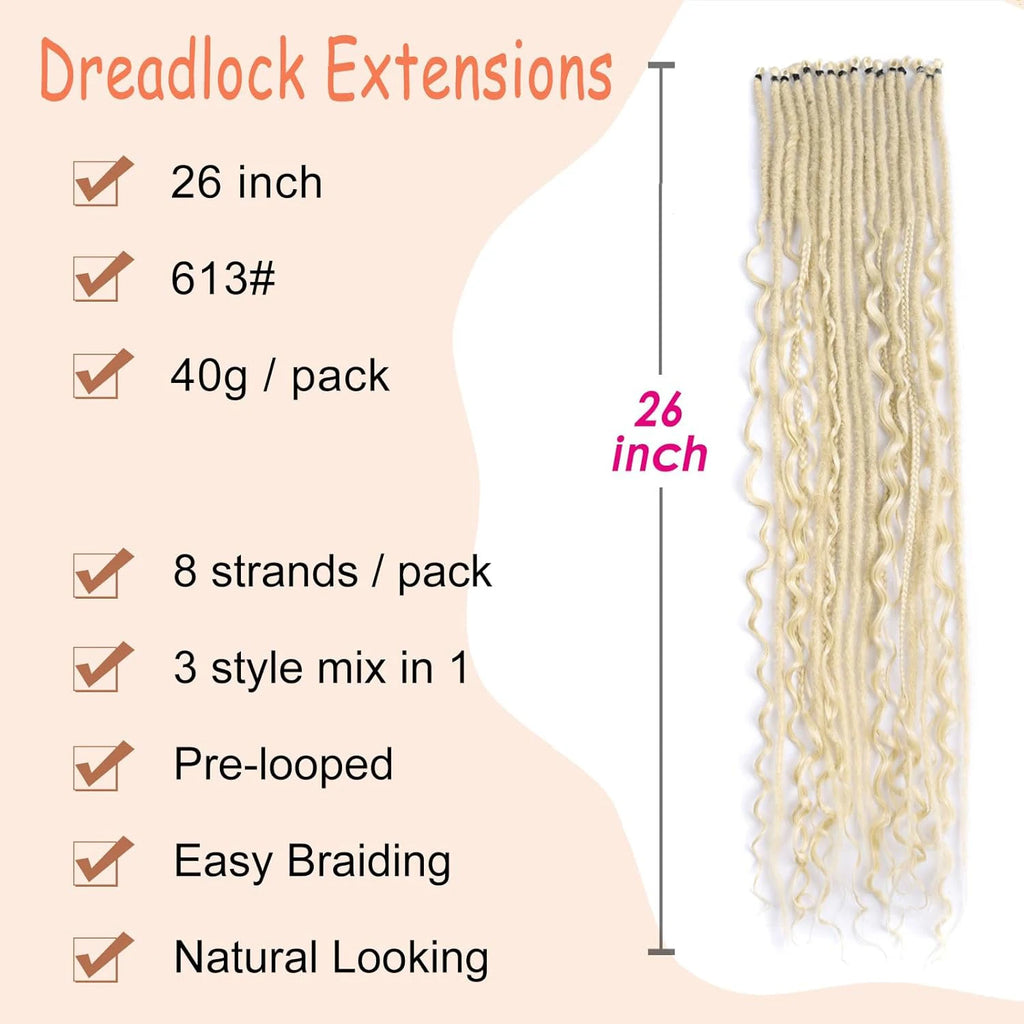 24 Inch Synthetic 8 Strands/Lot SE Dreadlocs Braids Hair Extensions, 3 In 1 Mixed Hippie Style Single End Dreadslocks for Women