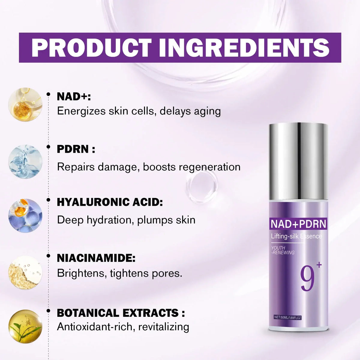 9+ NAD+ PDRN Lifting-sil Essence for Women Firming Fade Fine Lines NAD+ Serum Toner for Brightening Skin 50ML Skin Care Products