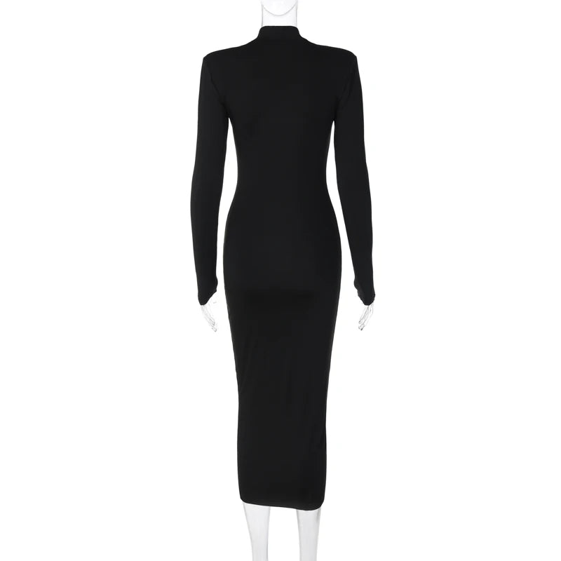 Hugcitar Women Fashion Turtleneck Long Sleeves Black Sexy Bodycon Maxi Prom Dress Fall Casual Clothes Streetwear Party Festival