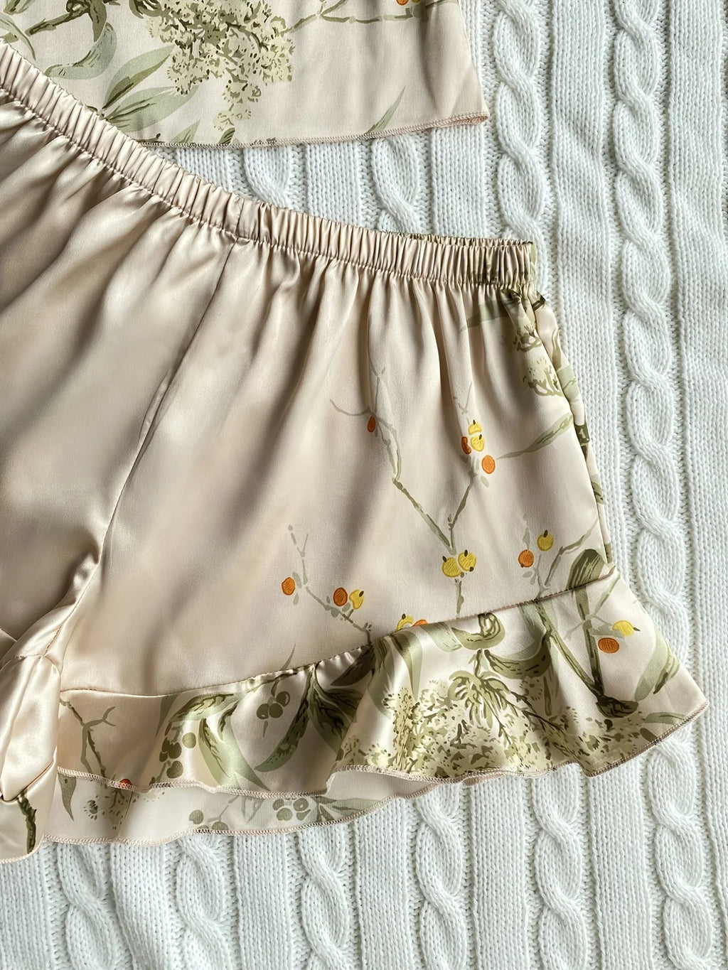 Summer Elegant  Print Cami Tops Ruffle Hem Shorts Pajama Set  Women's Sleepwear V Neck Strap Loungewear