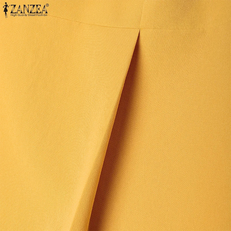 ZANZEA Elegant Chic Women A-Line Dresses Summer Fashion Square Neck Short Sleeve High Waisted Midi Robes Femme Office Vestidos
