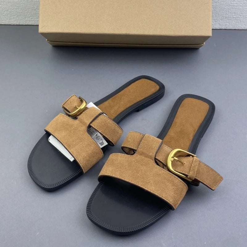 Women's Suede Flat Slide Sandals Buckle Open Toe Slip-On Slippers 2026 New Casual Summer Shoes Comfort Flat Beach Outdoor Wear