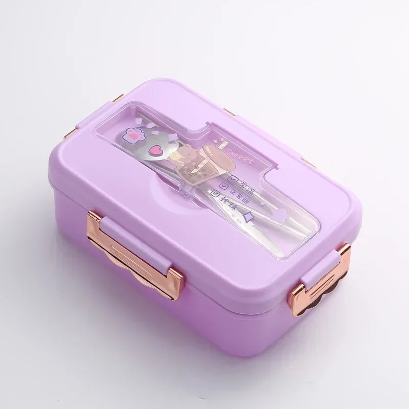 Cartoon Pattern Lunch Box for Students Three Grids Food Grade Plastic Bento Box with Tableware Microwave Heating Office Meal Box