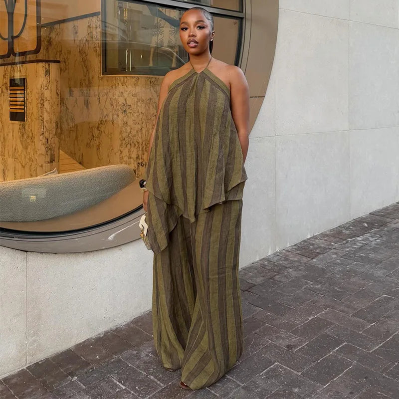 2026 2 Piece Sets Lady Chic Holiday Outfit Y2K Green Stripe Long Pant Sets For Women Spring Summer Halter Vest Top Wide Leg Pant