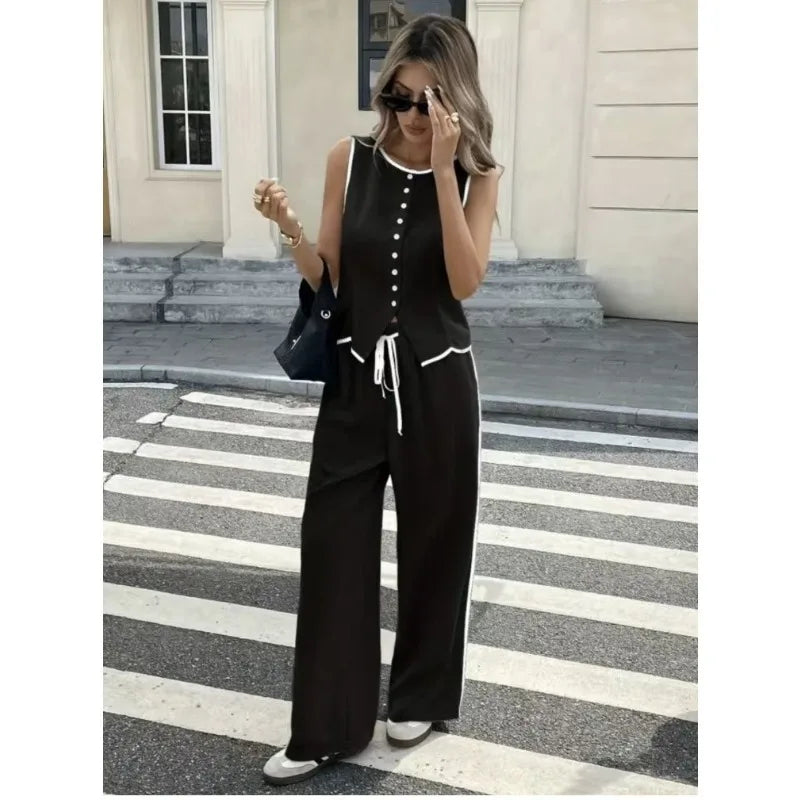 2026 New Multi Color Contrast Edge Tank Top and Trousers Suit Ladies Sleeveless Waistcoat Loose Pants Daily Travel Streetwear