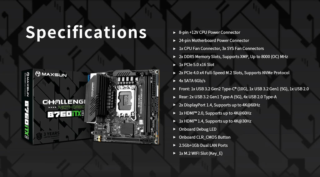 MAXSUN Game Motherboard B760ITX D5 support Intel 14 13 12th generation Core CPU DDR5 M.2 PCIEX16 4.0 Computer components