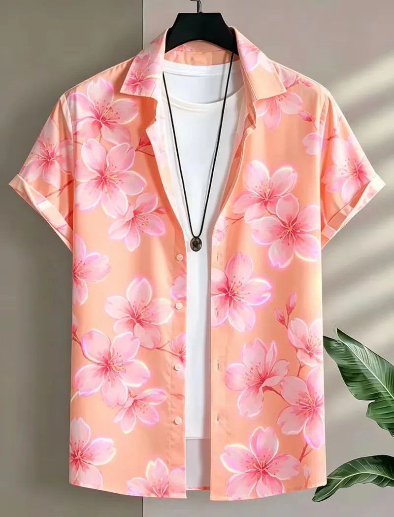 Men's Fluorescent Floral Printed Vacation shirt, Suitable For Summer wear, Casual activities, And Versatile Tropical Style