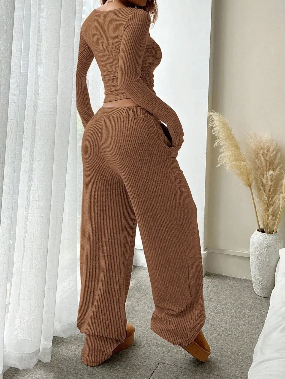 Spring Autumn Woman Knit 2 Pieces Set Elegant Pullover Long Sleeved Casual All-match Slim Homewear 2 Piece Sets Womens Outfits