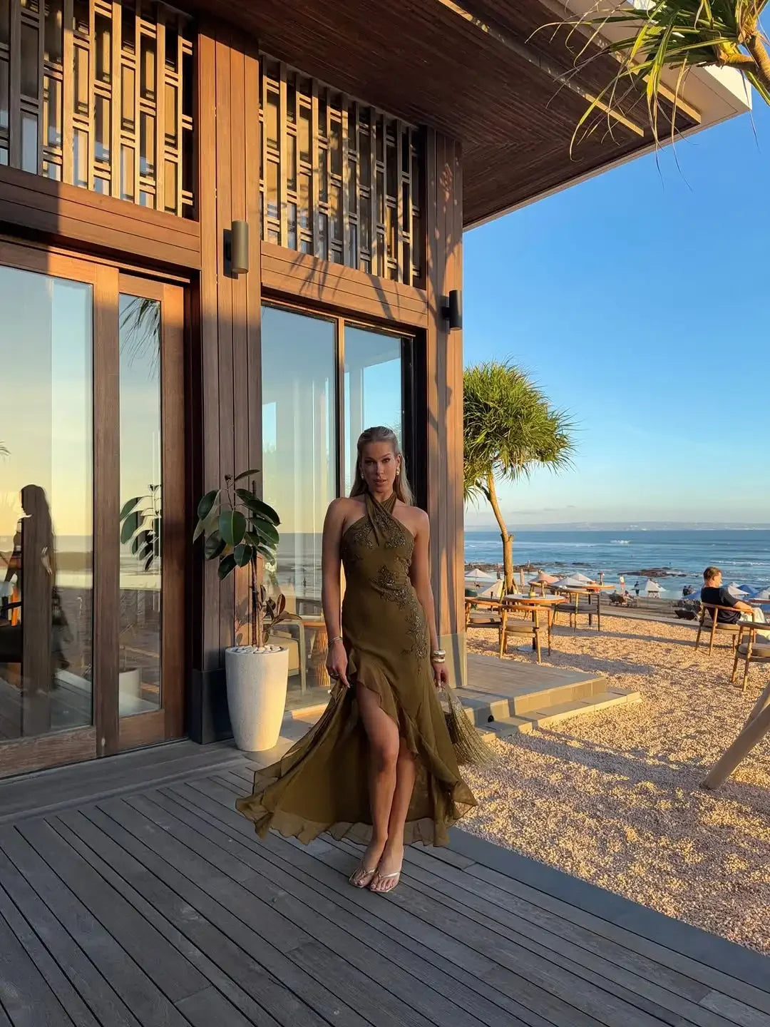 Women Halter Neck Beaded Evening Maxi Dress Floral Rhinestone Slit Ruffle Formal Party Gown 2026 Summer New Female Daily Outfit