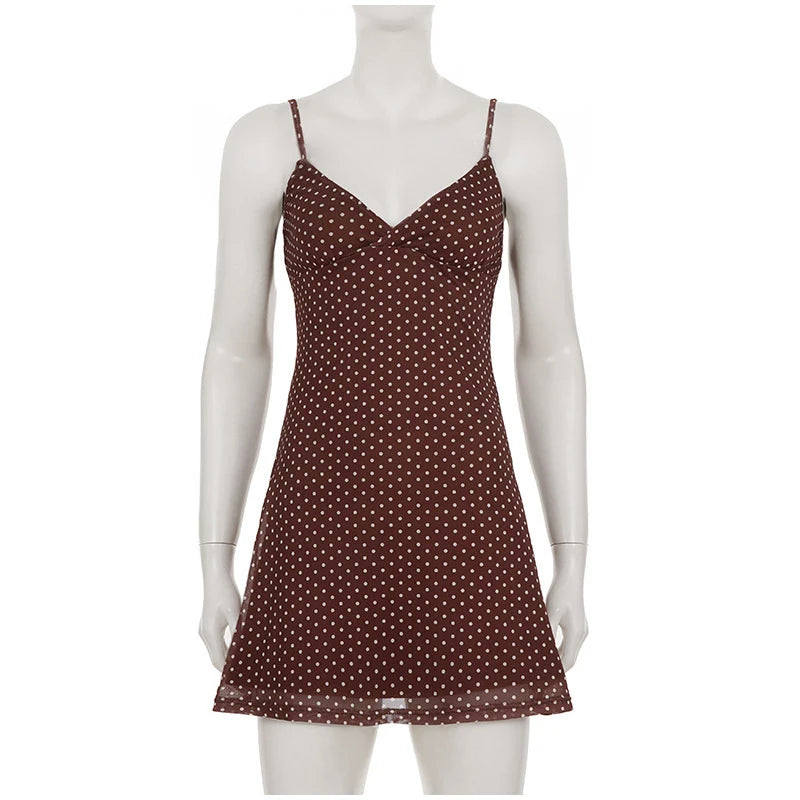 Sexy Polka Dot Print Nightgown Contrasting Color V-neck Y2k Slim Fit Dress Summer Hot Girl Backless Camisole Dress Summer Dress