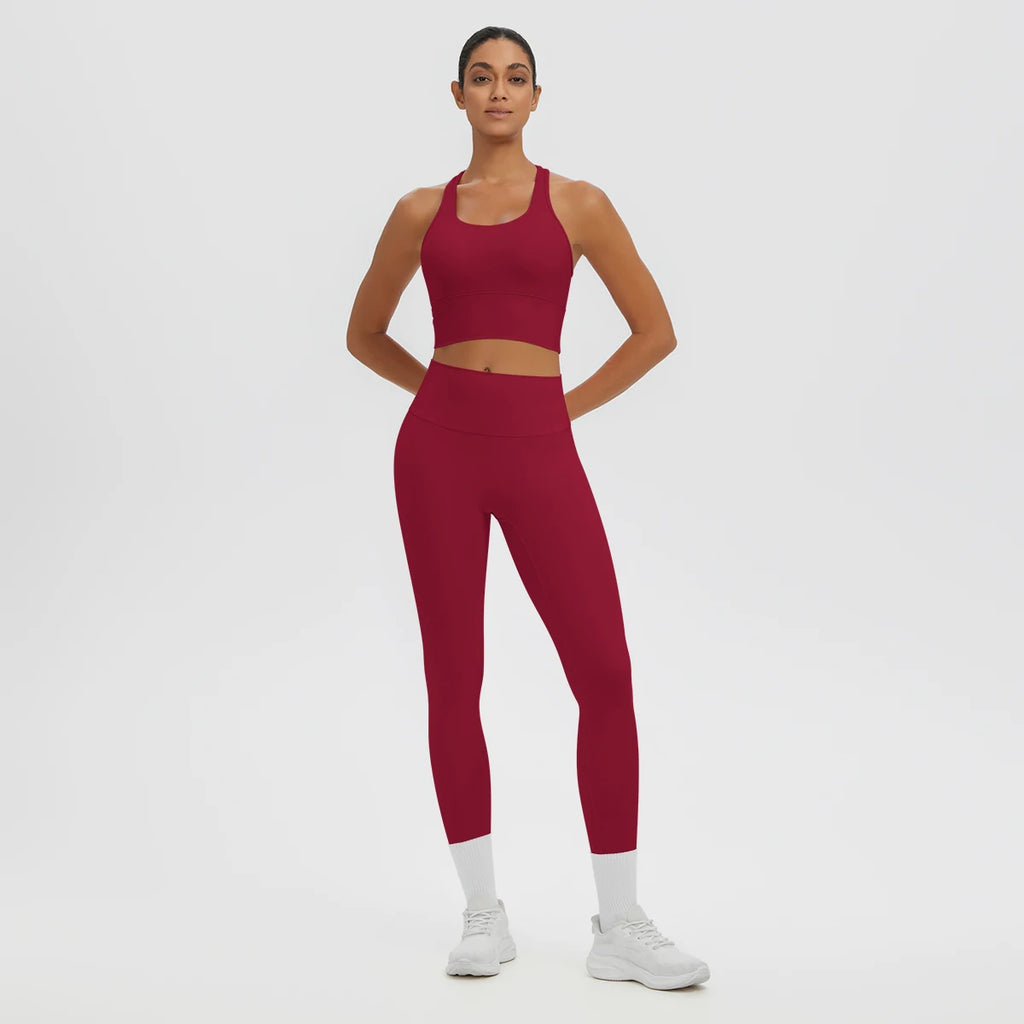 2PCS/set Gym Sports Yoga Suit for Women's Solid Color High Stretch Quick Drying Legging Yoga Pants Gather I-shaped Vest Yoga Set