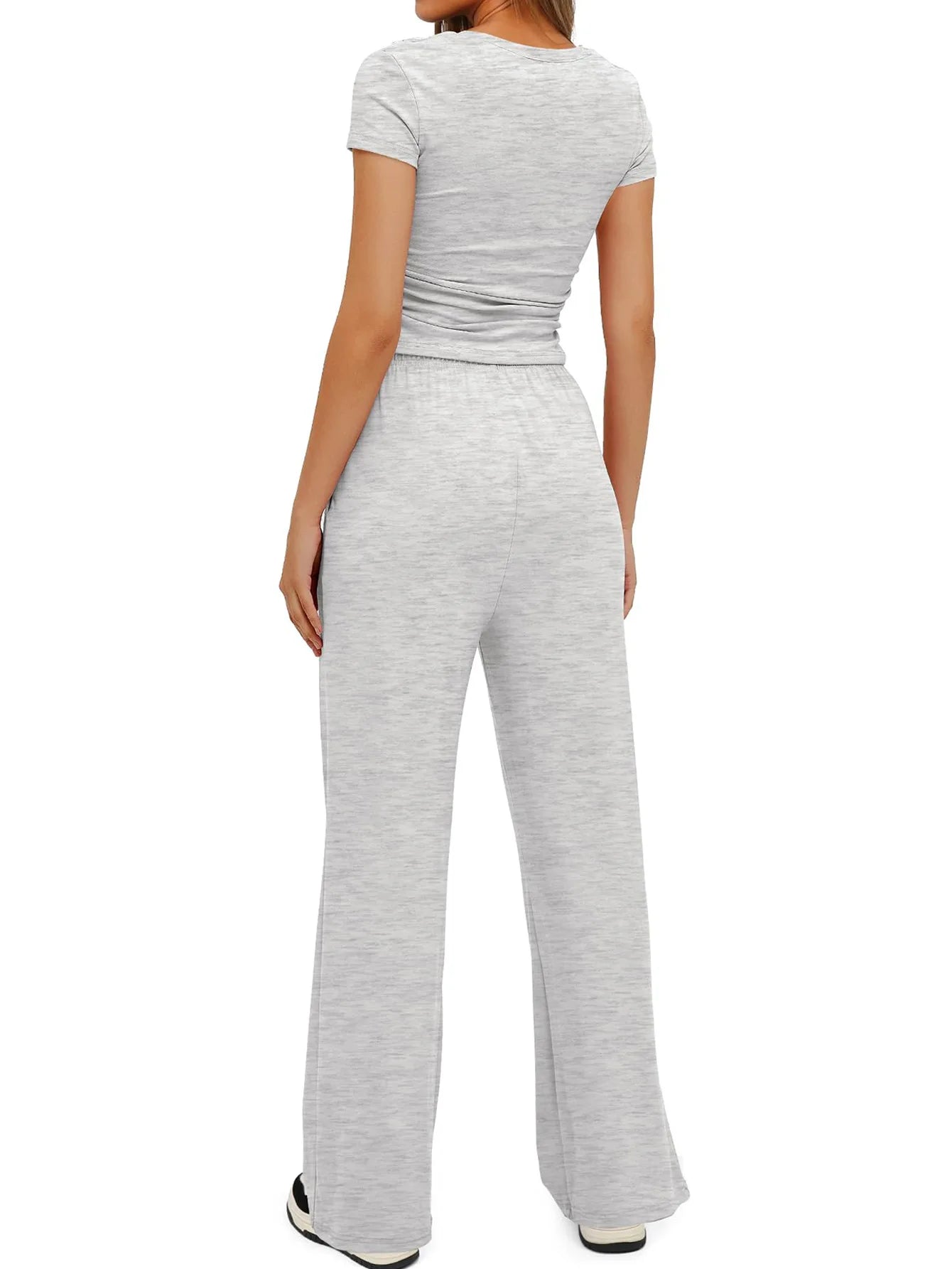 Women's Summer Solid Loose Casual Tracksuit Two Piece Set O Neck Short Sleeve T Shirt Wide Leg Pants Sportswear