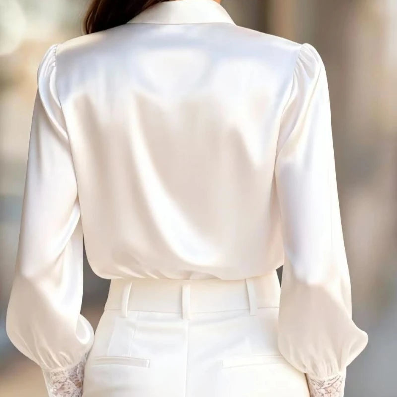 Women's Solid Color Satin Blouse Lace Insert Collared Long Puff Sleeve Shirt Elegant Formal Outfit For Office 2026 Spring